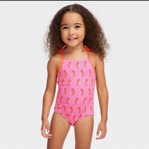 Roller Rabbit Pink Seahorse Print One-Piece with Orange Tie Straps